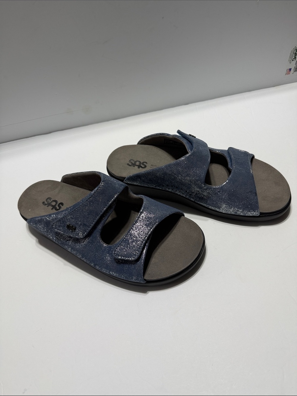 SAS Cozy Slide Sandals Women’s 10W Blue Silver Shimmer